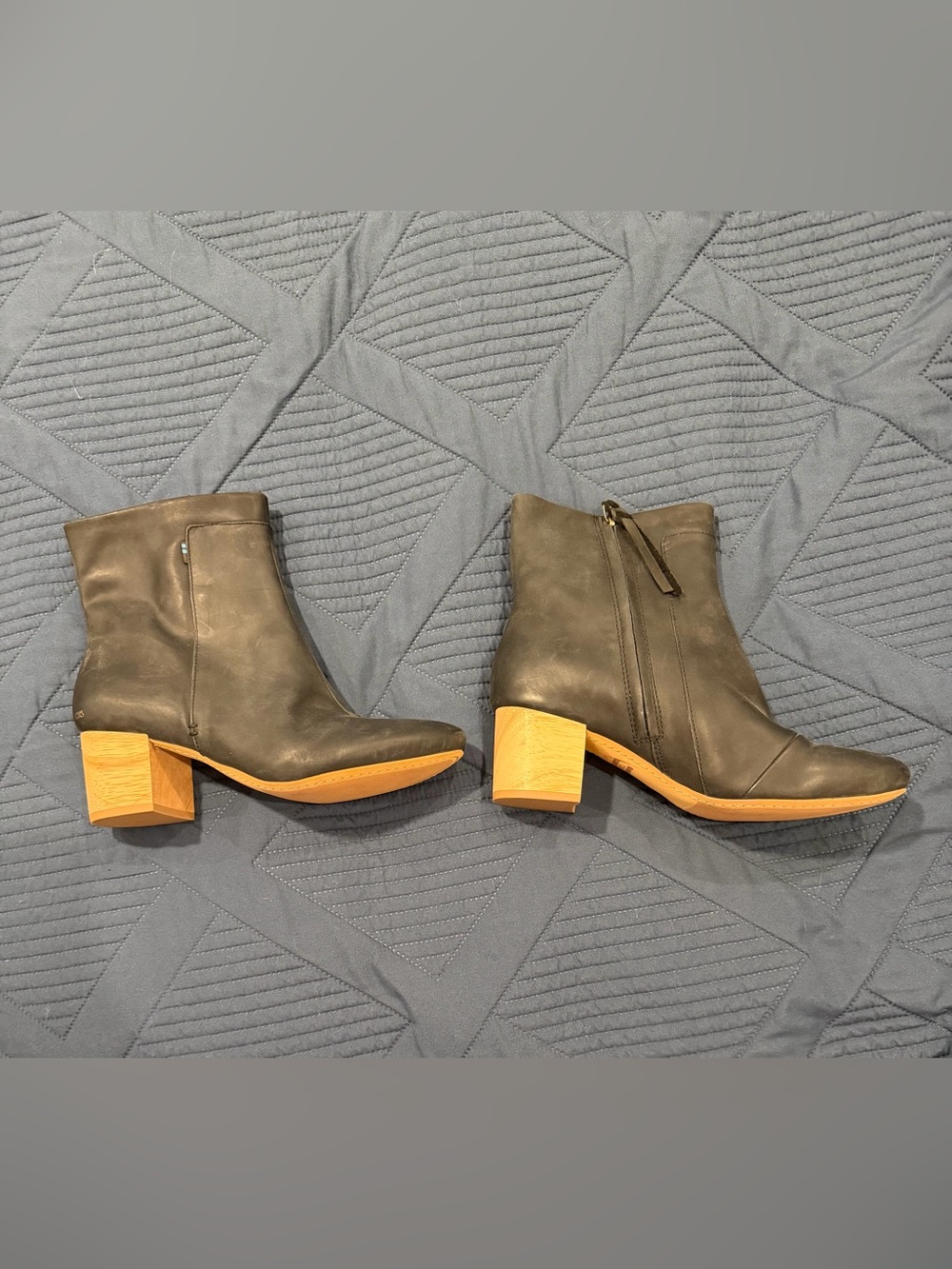 Toms Dark Grey Leather Block Heel Ankle Boots